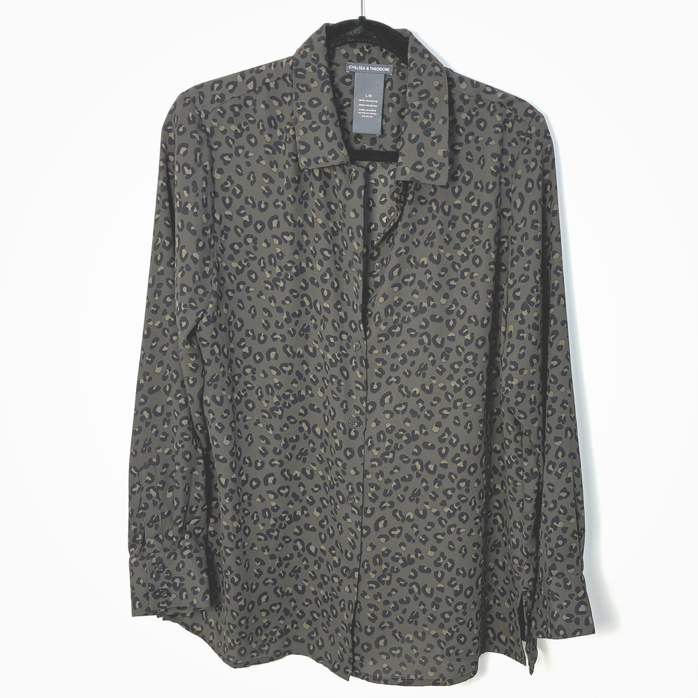 Chelsea & Theodore Leopard Print Button Down Blouse Olive Green Black Mob Wife L
